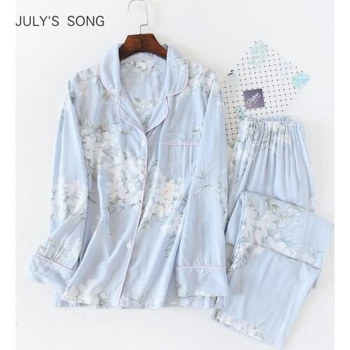 JULYS SONG Women Cotton Pajamas Set Floral Printed 2 Pieces Sleepwear Simple Soft Long sleeves Women Autumn Winter Homewear