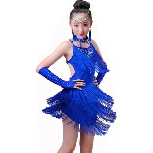 Girl Latin Dance Sequin Fringe Blue Pink Red Latin Salsa Dress Child Girls Kids Latin Dance Dresses Girls Latin Dance Costumes
