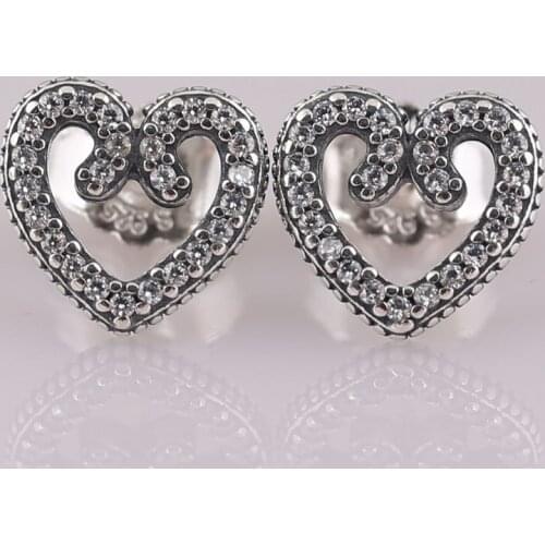 Authentic S925 Heart Swirls With Crystal Stud Earring For Women Wedding Gift fit Lady Fine Jewelry