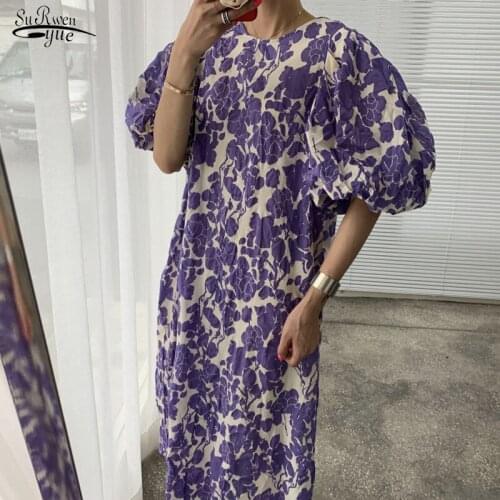 Casual Loose Floral Printed Dresses Female Summer New Robe Femme O Neck Puff Sleeve Dress Women Korean Vintage Vestidos 14280