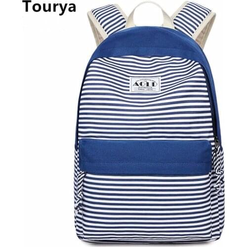 Tourya Casual Canvas Women Backpack Cute School Bags For Teenagers Girls Striped Printed Female Schoolbag Laptop Bagpack Mochila