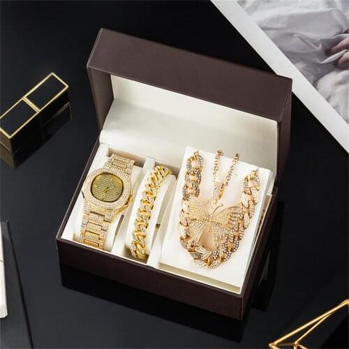 Luxury Women Watch Set Gift Box Bracelet Necklace Cuban Chain Butterfly Diamond Bling Jewelry Sets Gifts for Women Drop Shipping