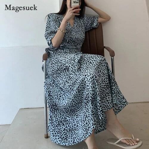 Chic Korean 2021 Summer Midi Dress V-neck Leopard Print Chiffon Dress Vintage Puff Sleeve Long Dress for Women Vestidos 15444