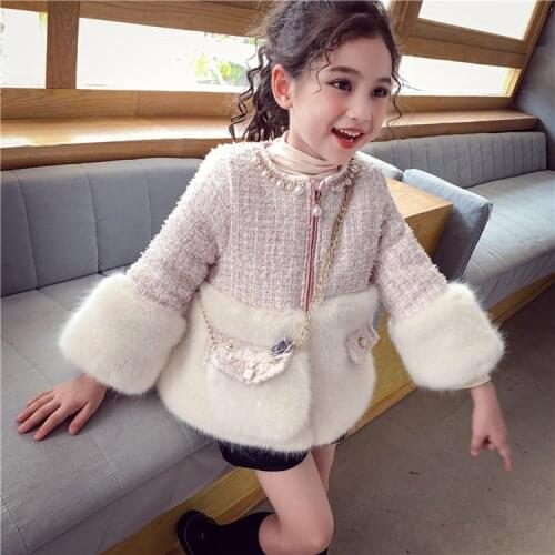 Mink Fur Wool Coats for Girls Thick Warm Snow Wear Christmas Casual Jackets Outerwear With Bag Kid Woolen Coat Children Clothing