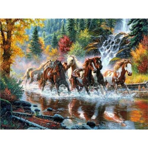 Snow Two Horse Animal Printed Fabric 11CT Cross Stitch Embroidery Set DMC Threads Handicraft Handmade Knitting Gift