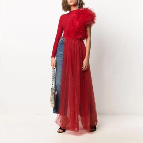 Modern Red Asymmetrical Women Bodysuit One Shoulder Ruffles Long Tulle Women Jumpsuit Fashion Female Outfit