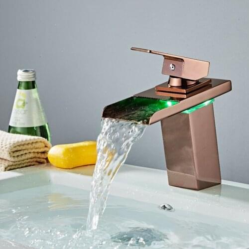 LED Basin Faucet Brass Waterfall Temperature Colors Change Bathroom Mixer Tap Deck Mounted basin sink Mixer Tap Bathroom LED Tap