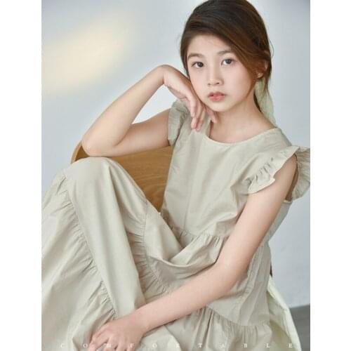Japanese style 10 12 years Girls Sleeveless Long Dress Summer Beige Color Cotton Brief Dress