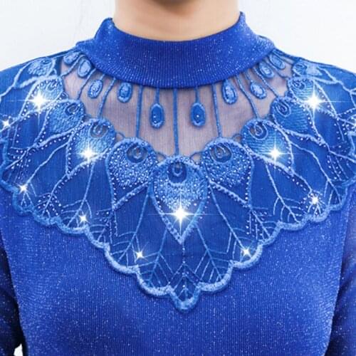 Autumn Winter 2021 Women Lace Half High Neck Thicken Blouses Female Long Sleeve Top Casual Embroidered Stitched Mesh Shirt W968