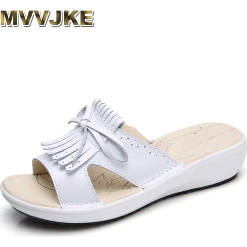 MVVJKE 2019 Summer women flat sandals Shoes white leather ballet slippers round toe fringe slides sandals female flip flops