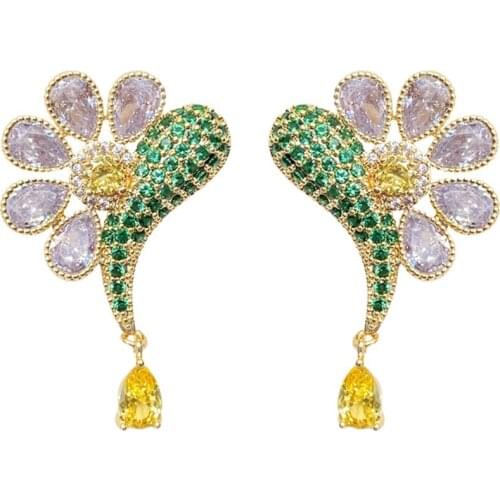 Romantic Flower Crystal Drop Earrings Ladies Luxury Gold Color Micro Cubic Zircon Pendant Fish Earring Women Wedding Banquet