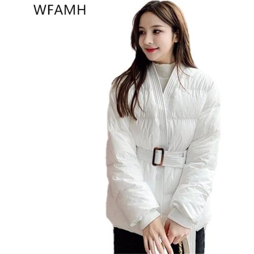 Winter 2021 new style V-neck fashion simple single-breasted belt waist slim cotton short coat women COTTON Polyester Solid