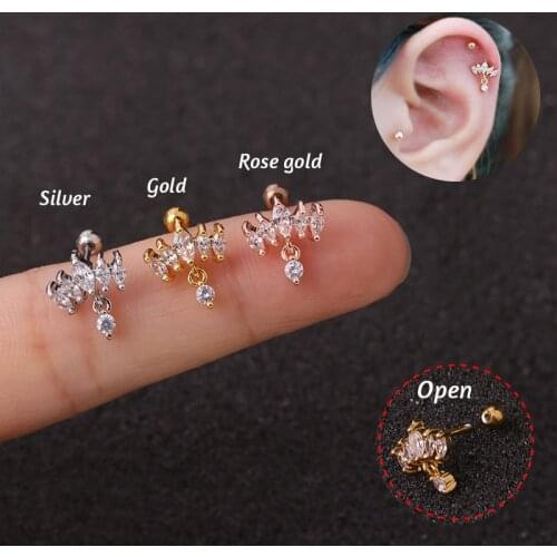 1Pc Crown Stainless Steel Barbell Heart Drop Round CZ Dangle Tragus Daith Helix Conch Delicate Ear Piercing