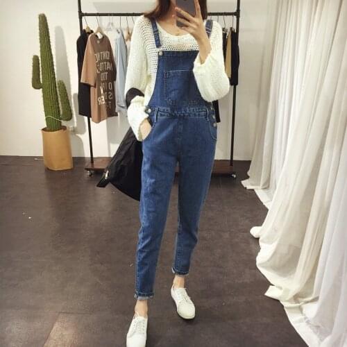 2017 denim bib pants female bf loose plus size denim trousers female jumpsuit Cheap wholesale