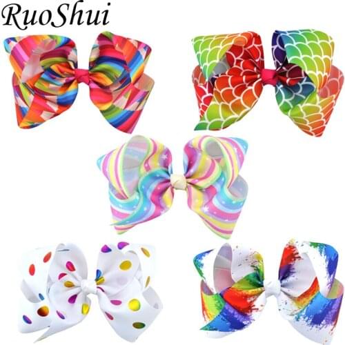 5PCS/LOT 8 Inch Rainbow Grosgrain Ribbon Hair Bows Alligator Clips Barrettes for Girls Children Lovely Hair Accessories