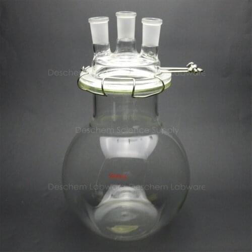 5000ml,24/40,Glass Reaction Vessel,5L,3-Neck,Flat Bottom Reactor,W/Clamp and Lid