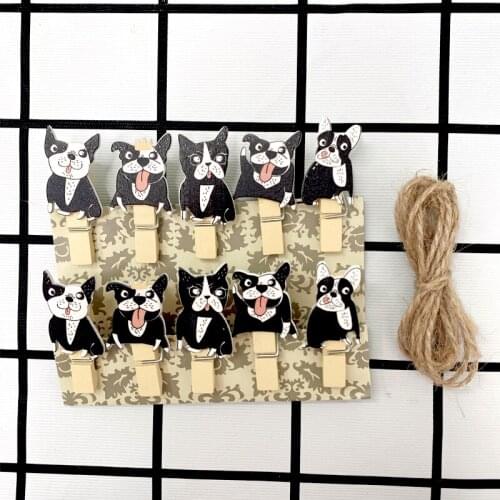 10pcs/pack Black and white pug wood with rope decorative clip photo clip Wooden Clip Rope Cute Cartoon Decoration Clips Pegs