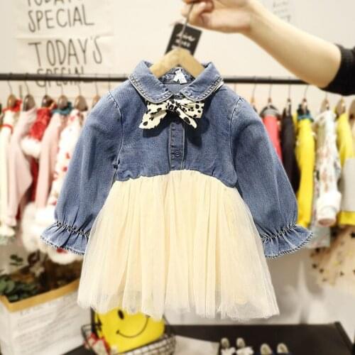 Baby Girl Dress Fashion Bow Denim Long Sleeve Mesh Stitching Princess Dress Toddler Baby Dress 1 2 3 4 Years Child Dresses 2020
