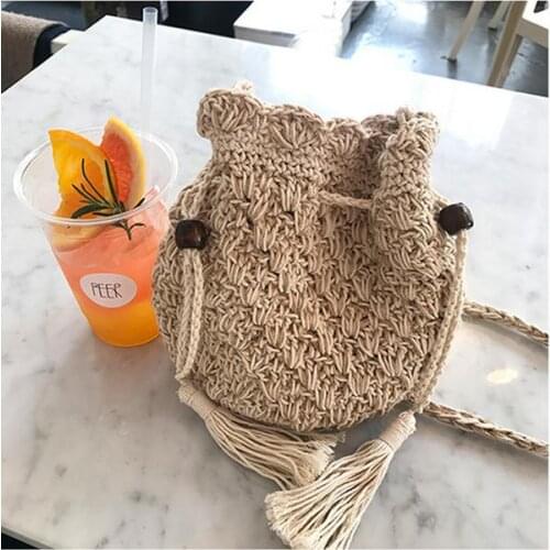 Womens Retro Cotton and Hemp Woven Womens Single Shoulder Slanting Bucket Tassel Drawstring Beach Bag