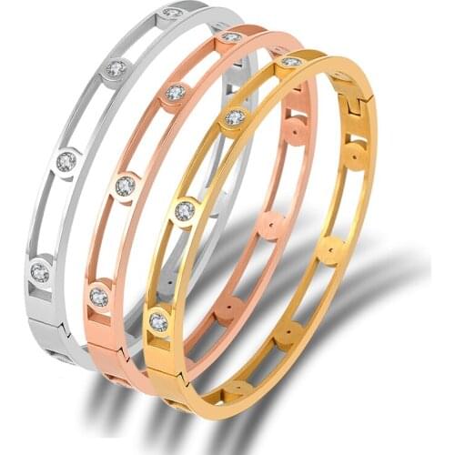 Delicate Hollow Crystal Bracelets & Bangles Titanium Steel Bangle Gold Silver Fine Jewelry For Women Classic Design Cuff Bangle