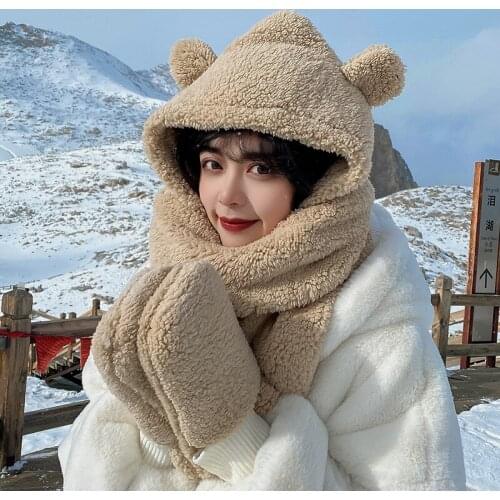 INS Bear Ear Hat Scarf Gloves Set Winter Women Novelty Caps Warm Casual Plush Hats Casual Solid Fleece Girl Kawaii Accessories