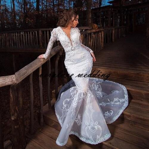 Mermaid Lace Wedding Dresses Beaded Deep V Neck Appliqued Long Sleeves Bridal Gowns Sweep Train robe de mariée