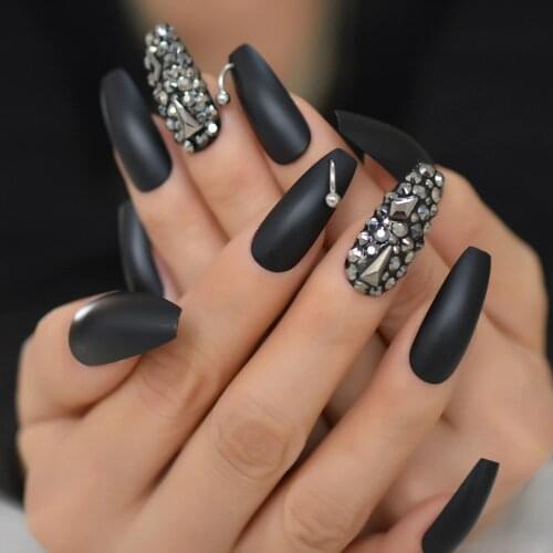 Matte Rhinestone Coffin Nails Designs Abs Nail Art Black Long Full Nail Tips Manicure Dark Luxurious Press On Nails