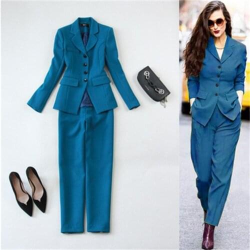 Fashion Pants suit two-piece Set women Autumn winter New high quality Peacock blue slim suit + pants suit office attire women