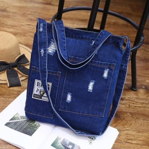 New Fashion Women Denim Shoulder Bag Cowgirl Handbag Female Shopping bag Lady Ripped Jeans Design School Books Bag Casual #25