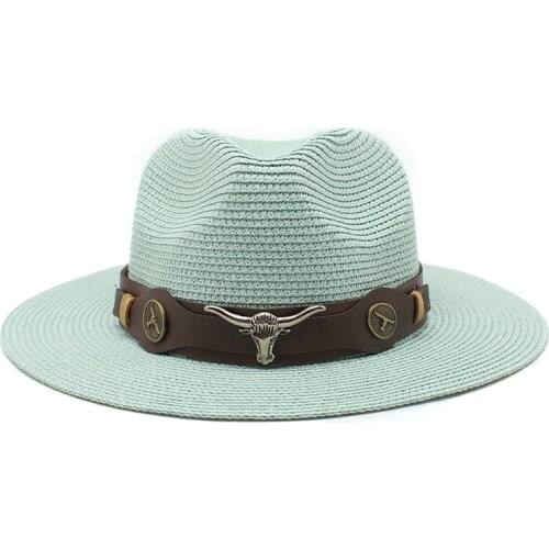 56-58cm Spring Summer Panama Hat Wide Brim Jazz Straw Hat Retro Beach Cowboy Hat with Big Cow Head Belt UV Protection Fedora Hat