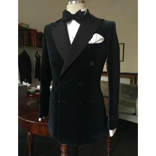 Fad Latest Coat Pant Designs Black Velvet Double Breasted Men Suit Custom Slim Fit Blazer 2 Piece Tuxedo Groom Suits Masculino