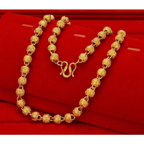 Genuine 24k Yellow Gold Olive Bead Hollow Necklaces for Men Luxury Sand Gold Pendant Chain Fine Jewelry Wedding Birthday Gifts