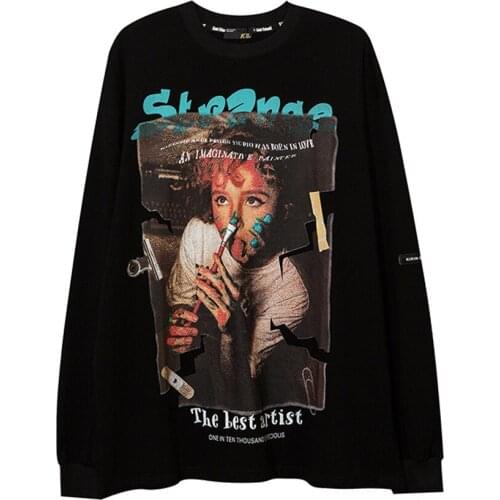Men Hip Hop Sweatshirt Girl Print Letter Printed Long Sleeve Loose 0-Neck Tees Streetwear Harajuku Cotton Autumn T-Shirt Top