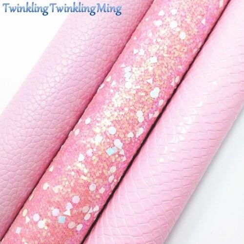 PINK Glitter Fabirc, Snake Faux Leather Fabric, Litchi Synthetic Leather Fabric Sheets For Bow A4 8"x11"Twinkling Ming XM380