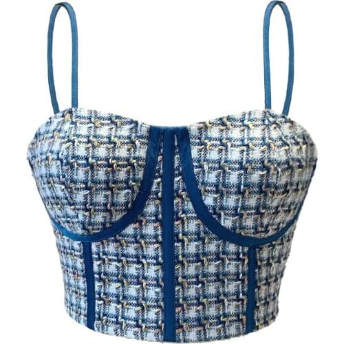 2021 New Women Braided Tweed Plaid Camisole Sexy Backless Cropped Top Design Sense Tube Top Corset Nightclub Party Tank Tops