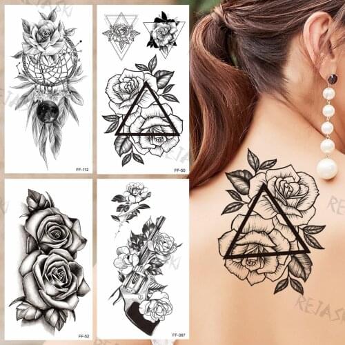 Geometric Rose Temporary Tattoos For Women Girls Realistic Dream Catcher Gun Flower Feather Fake Tattoo Sticker Back Tatoos Arm