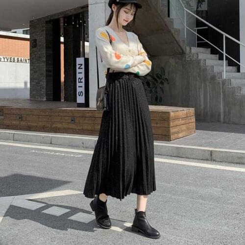 2021 Autumn & Winter New Elastic High Waist Simple Woolen Pleated Skirt Casual Loose Retro Women A-line Long Skirt Free Shipping