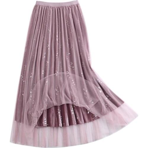2021 spring autumn fashion sequined pleated skirt women high waist midi mesh skirt