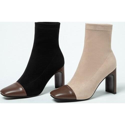 The New Stretch Flock Boots Women Sock Ankle Boot Female Square Toe Thick Heels Shoes Ladies Fashion Suede Boots Winter 2020