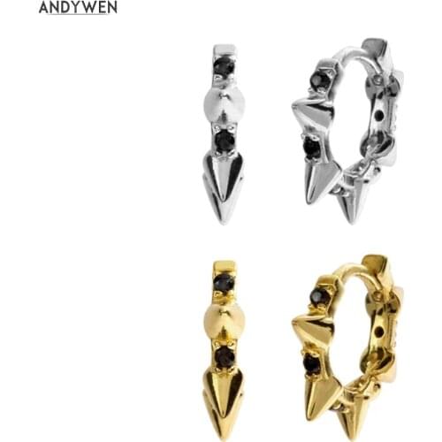 ANDYWEN 925 Sterling Silver 8.5mm Spike Huggies Black Zircon CZ Crystal Hoops Circle Round Ring Rock Punk Women Earrings Jewelry