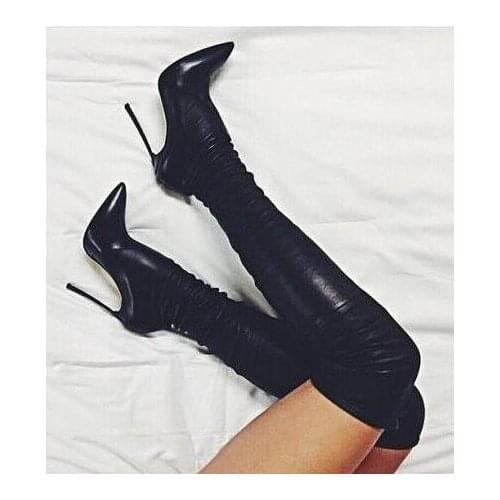 Hot Selling Black Leather Blade Heels Tight High Boots Pointed toe Women Over The Knee Boots Shoes Zipper High Heel Fashion Shoe
