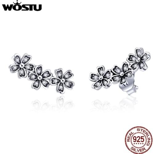 WOSTU Authentic 925 Sterling Silver Stackable Daisy Floral Stud Earrings Clear CZ Flower Woman Earring Party Jewelry Gift CQE419