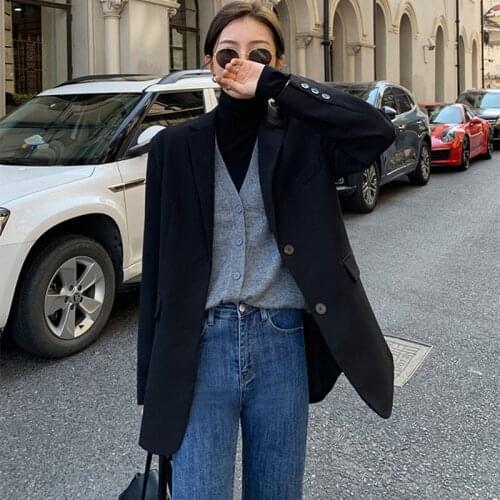 2021 New Fashion Solid Color Lapel Blazer Women Elegant Vintage Casual Loose Oversized Temperament Coat Tide