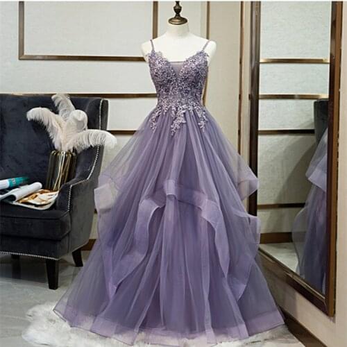Vestido De Festa Longo Evening Dresses Long Dress Purple Tulle With Lace Appliques Evening Dress 2020 Vestidos Robe De Soiree