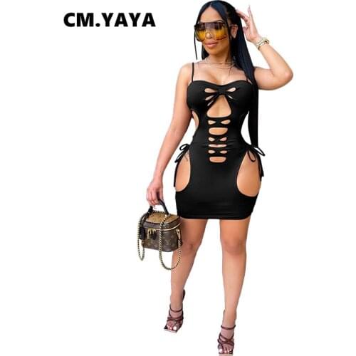 CM.YAYA Women Mini Dress Solid Sleeveless Strap Bandage Hollow Out Stretchy Skinny Bodycon Vestidos Summer Outfits 2021
