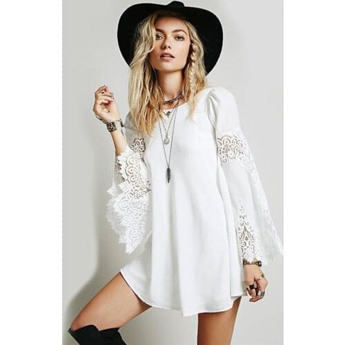 Women Long Sleeved Chiffon Hollow Out Lace Dress Autumn Lace Crochet Stitching Mini Dress White Loose A-line Vestidos