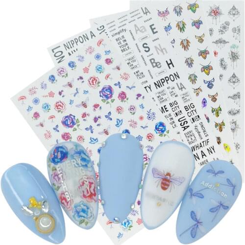 1 Sheet 3D Nail Art Sticker Mandala Flowers Bee Feather Letters Designs Ultra thin Gummed Nail Slider Manicure Decals