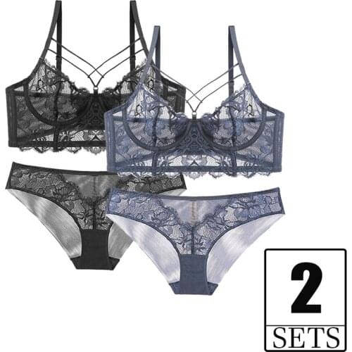 2 sets Sexy Transparent Underwear Women Plus Size Bandage Embroidery Lace Bra And Panty Set Lingerie Plus Size White Blue Black