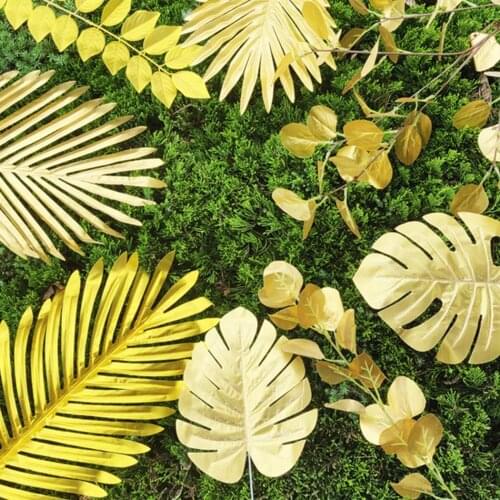 20PCS Golden Fake Leaf Artificial Tropical Palm Leaves DIY Plant Home Party Wedding Table Desk Decoration Supplies