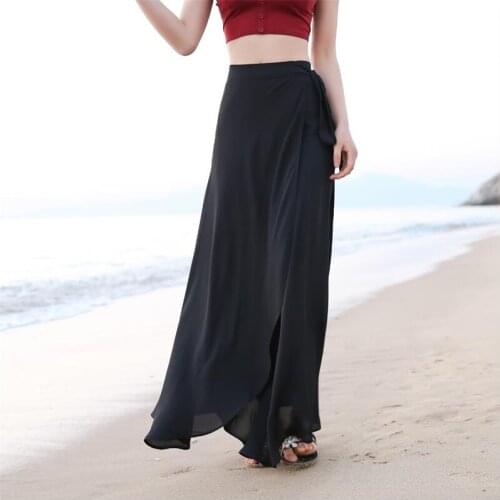 2020 Boho Solid Chiffon Beach Long Skirts Summer Holiday Casual Maxi Skirts Women Slim One Piece Split Skirts Plus Size M-8XL